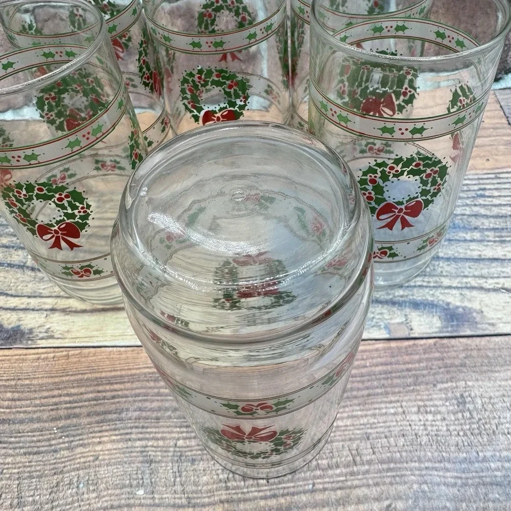 6 Indiana Glass Victorian Christmas Tumblers Glasses Holly Wreaths Set MCM Vtg